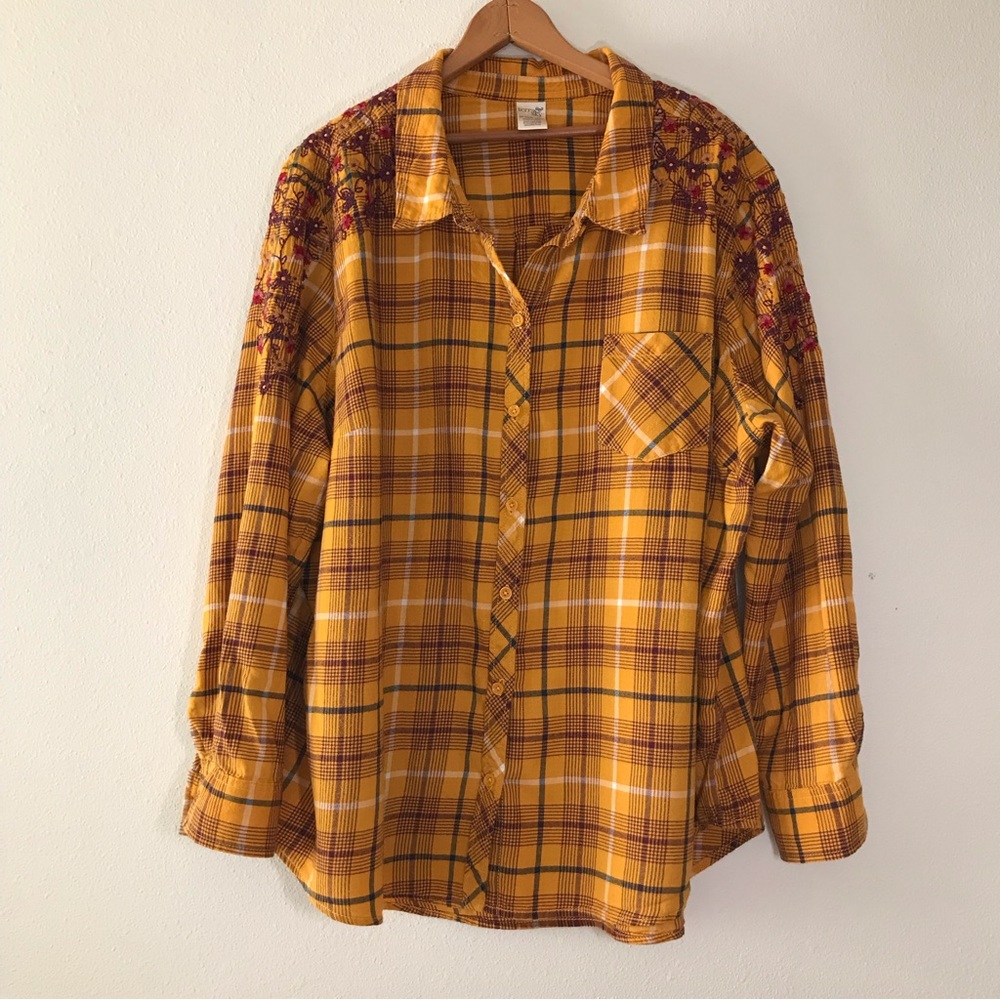 Terra and Sky, Terra & Sky  100% Cotton Shirt Plaid with Embroidery Size 3X